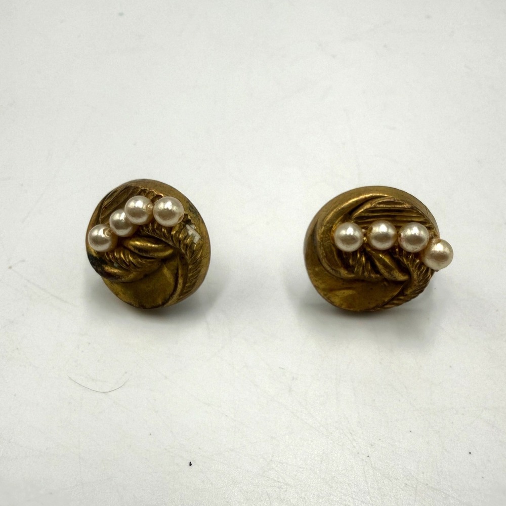Vintage Gold Tone Faux Pearl Screw Back Earrings Textured Swirl Mid Century